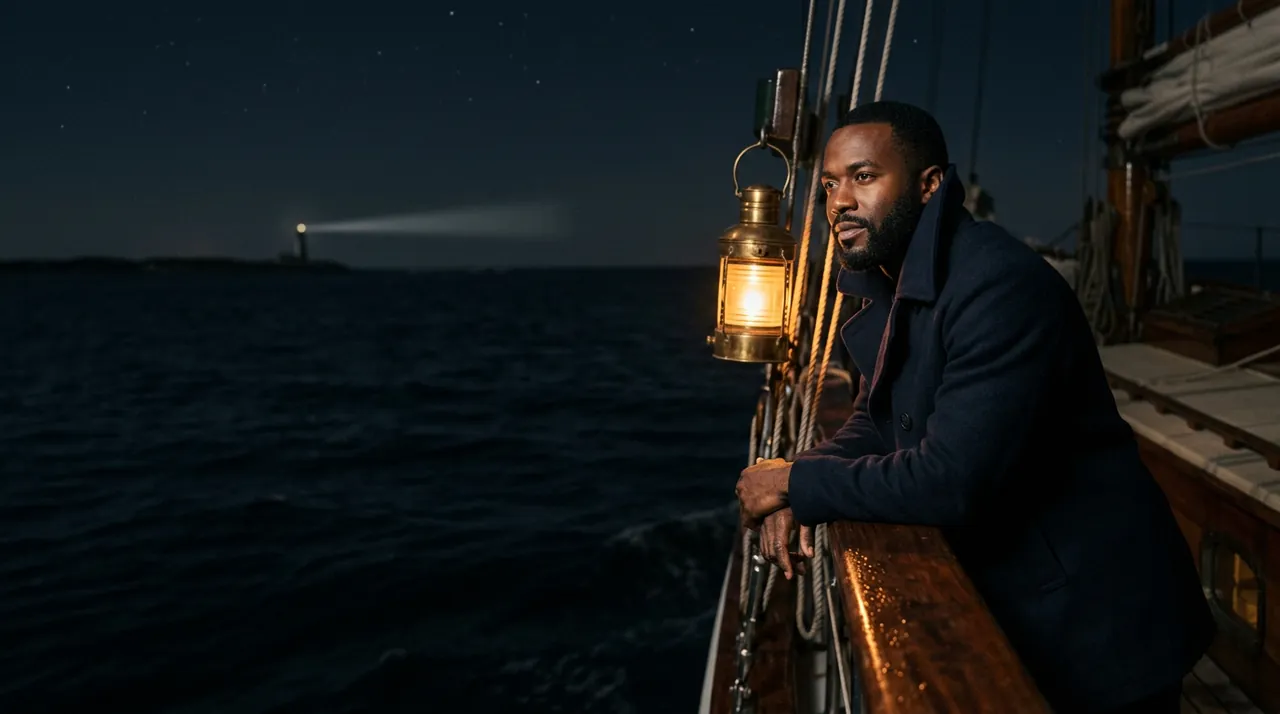 A man in a peacoat at the rail beside a lit lantern at night, a lighthouse beam on the horizon.