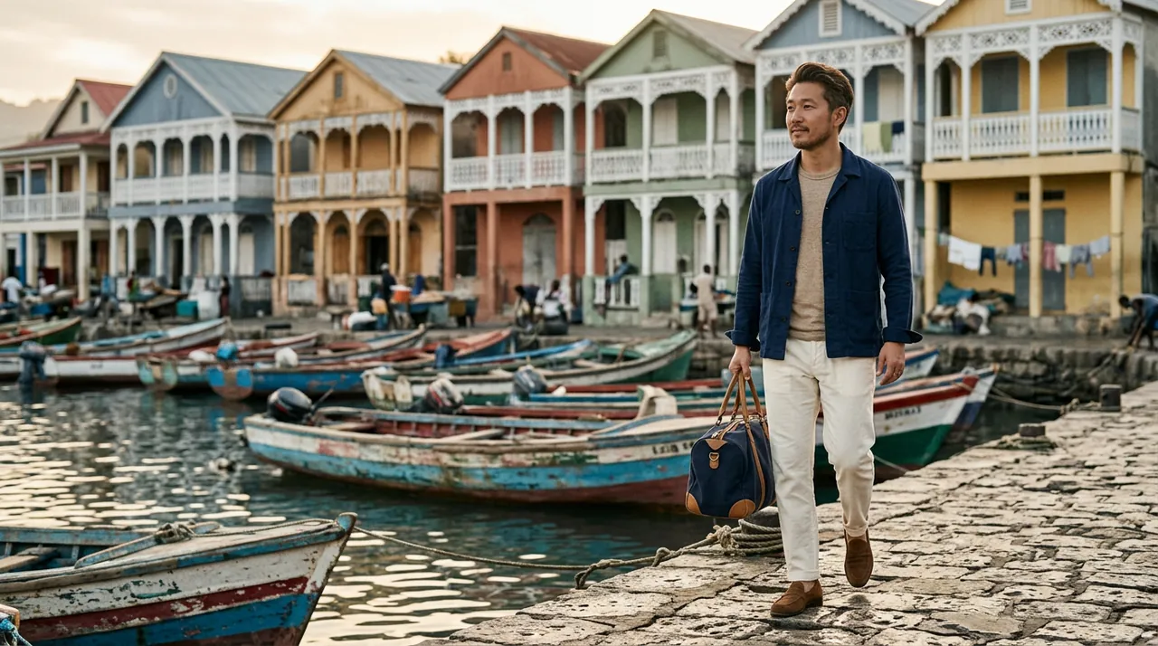 A man in a navy overshirt walks a stone quay past painted wooden boats and colonial houses.