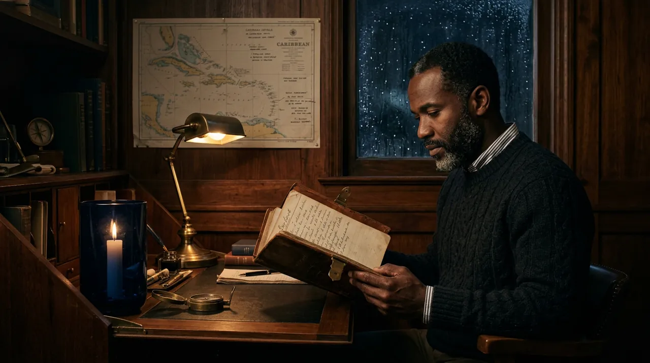 A man reads a logbook by lamplight at a chart desk in a wood-panelled cabin.