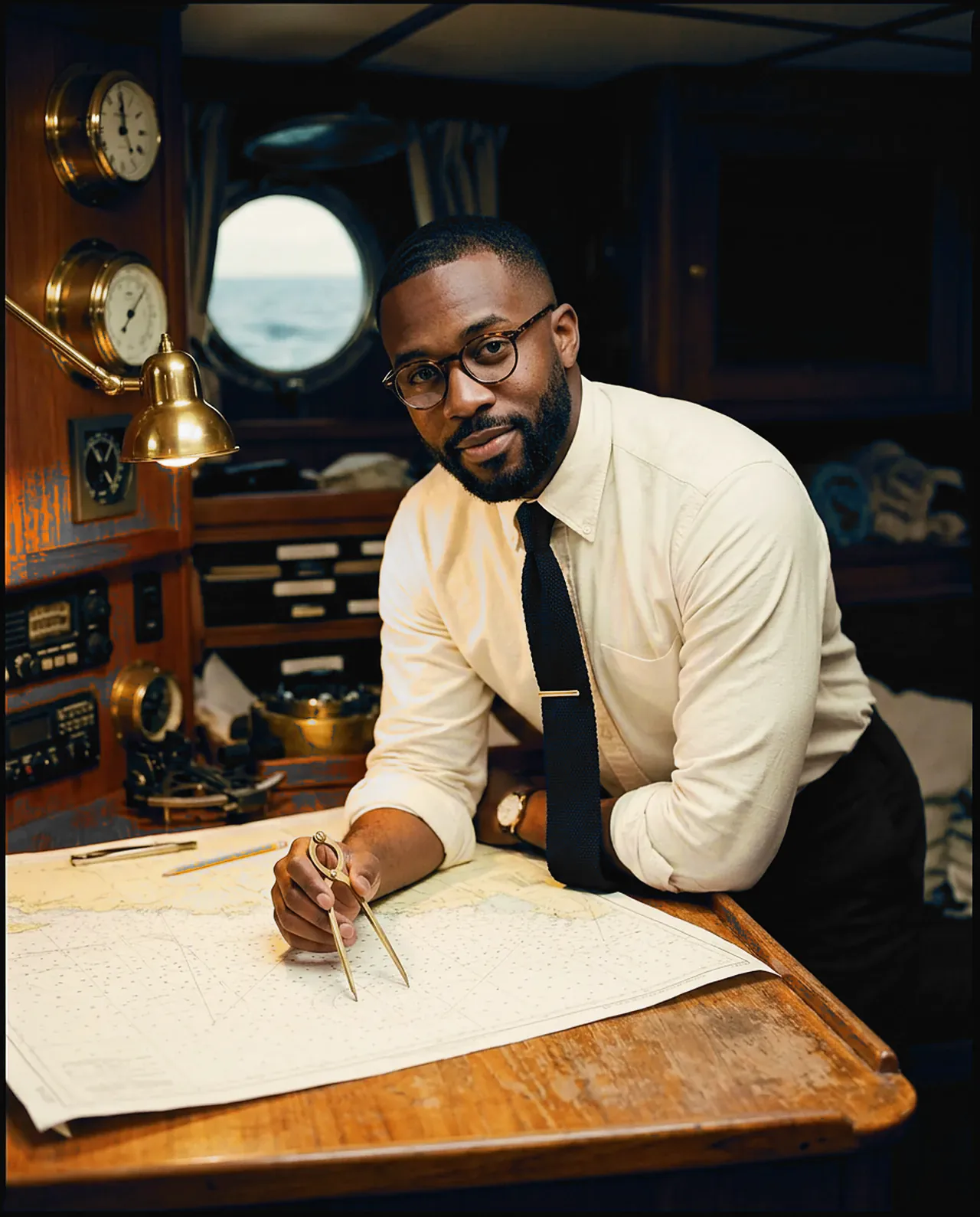 A man in a white shirt and navy tie plots a course with dividers at a chart table.