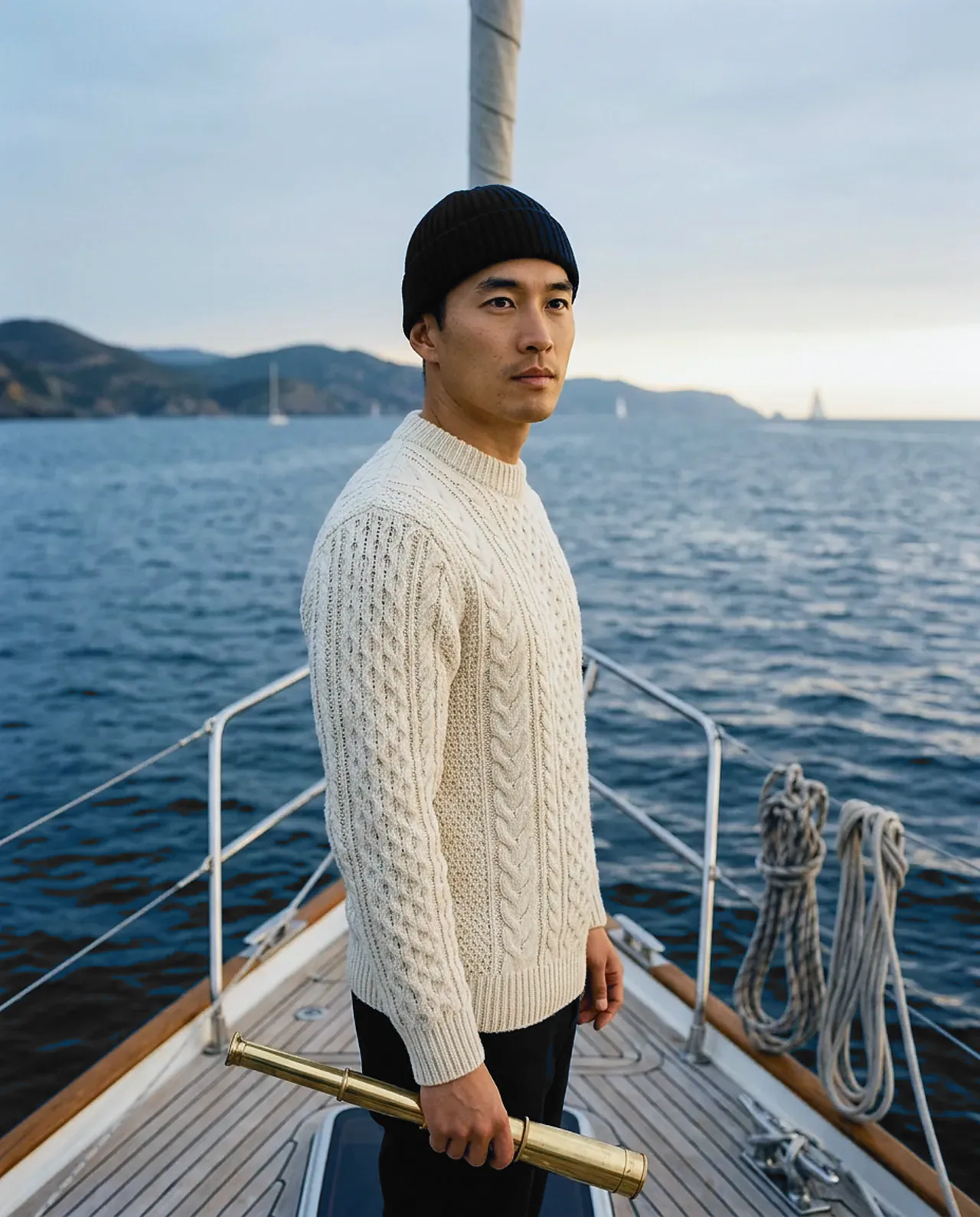 A man in a cream fisherman's sweater and navy watch cap holds a brass telescope on deck.