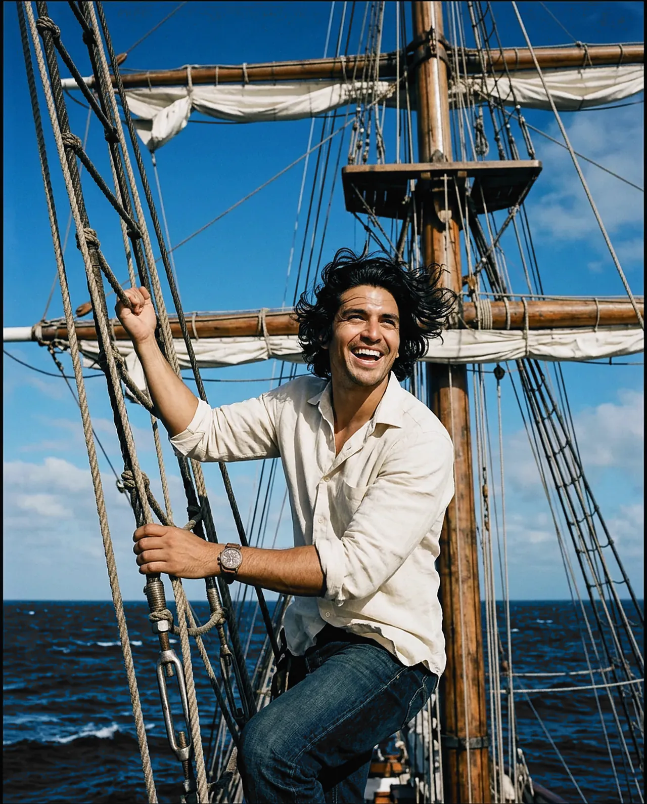 A laughing man in a white shirt climbs the rigging of a tall ship's mast high above the sea.