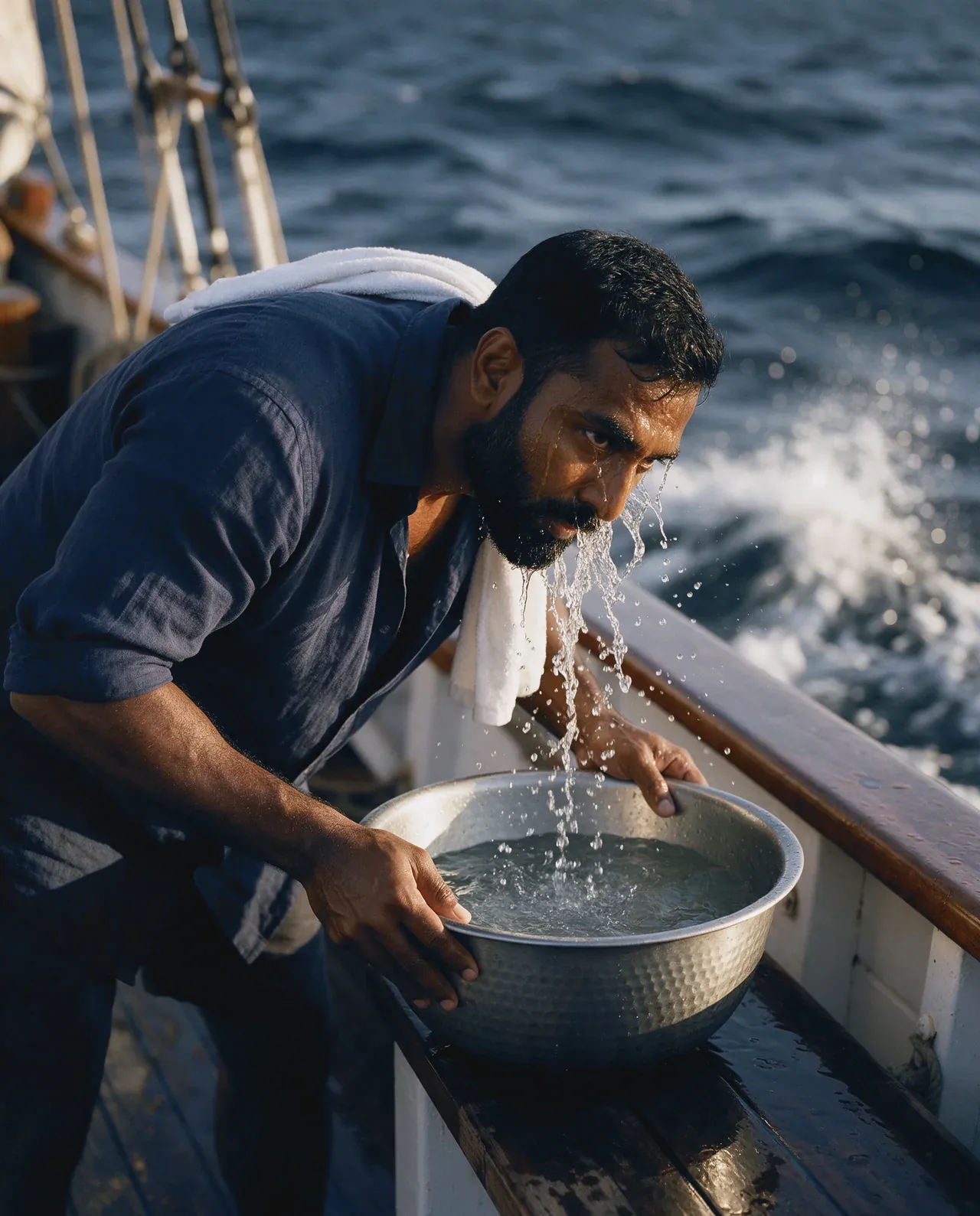 A bearded man bends over a hammered steel basin on the deck of a sailing ship, sea water streaming from his face, a white towel on his shoulder and rough sea behind.