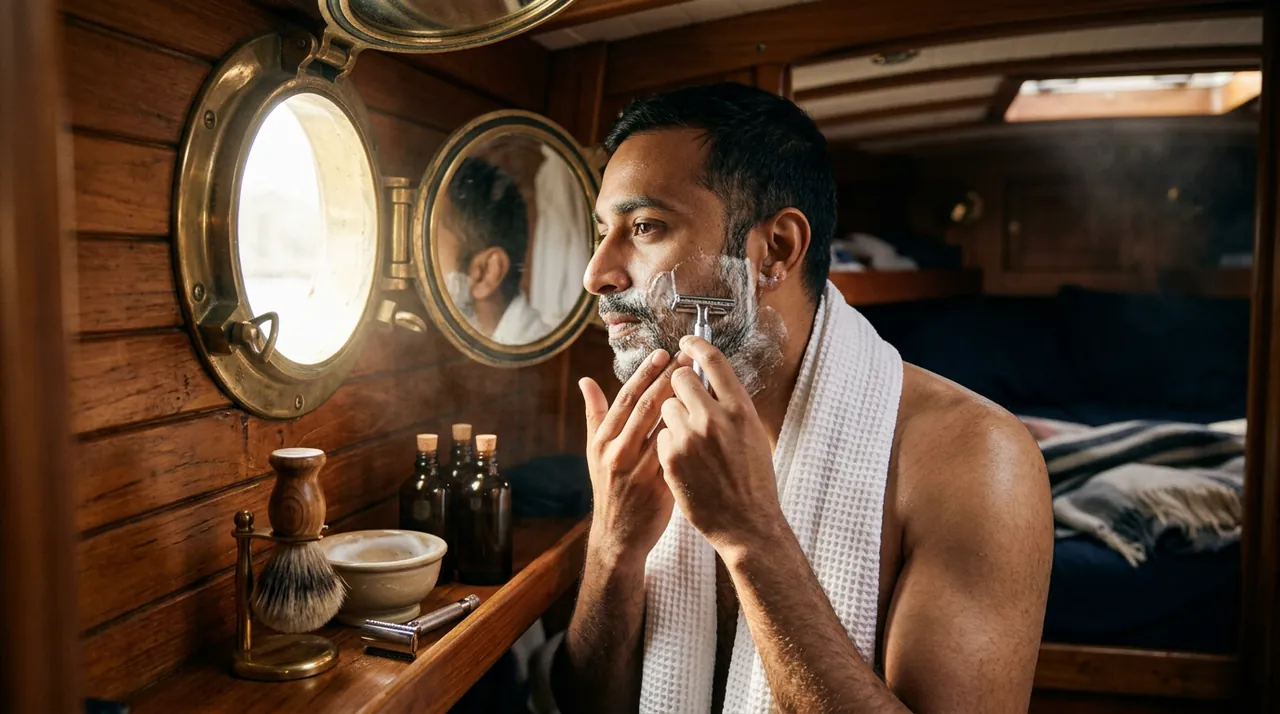 A man shaving at a mirror between brass portholes in a teak cabin, a towel over his shoulders.